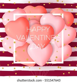 Happy Valentine's day card template with cute and fancy pink, red heart balloons with lettering. It may be used for background, poster, advertising, sale, postcard, e-card. Vector illustration
