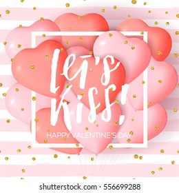 Happy Valentine's day card template with cute and fancy pink, red heart balloons with lettering. It may be used for background, poster, advertising, sale, postcard, e-card. Vector illustration