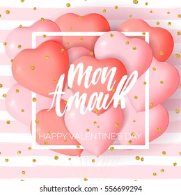 Happy Valentine's day card template with cute and fancy pink, red heart balloons with lettering. It may be used for background, poster, advertising, sale, postcard, e-card. Vector illustration