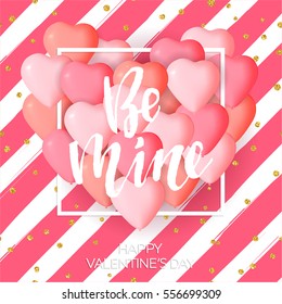 Happy Valentine's day card template with cute and fancy pink, red heart balloons with lettering. It may be used for background, poster, advertising, sale, postcard, e-card. Vector illustration