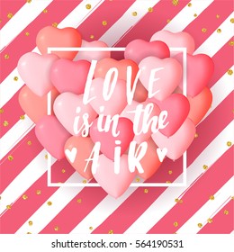 Happy Valentine's day card template with cute and fancy pink, red heart balloons with lettering. It may be used for background, poster, advertising, sale, invitation, postcard, e-card