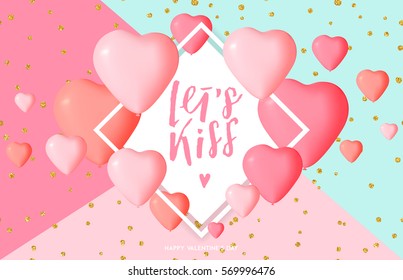 Happy Valentine's day card template with cute and fancy pink heart balloons with lettering. Background, poster, advertising, sale, postcard, e-card, wallpaper, flyers, invitation, brochure, banners.