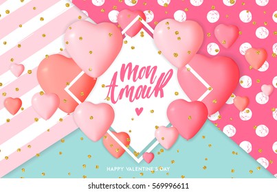 Happy Valentine's day card template with cute and fancy pink heart balloons with lettering. Background, poster, advertising, sale, postcard, e-card, wallpaper, flyers, invitation, brochure, banners.