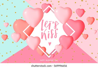 Happy Valentine's day card template with cute and fancy pink heart balloons with lettering. Background, poster, advertising, sale, postcard, e-card, wallpaper, flyers, invitation, brochure, banners.