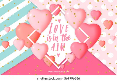 Happy Valentine's day card template with cute and fancy pink heart balloons with lettering. Background, poster, advertising, sale, postcard, e-card, wallpaper, flyers, invitation, brochure, banners.