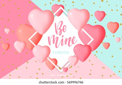 Happy Valentine's day card template with cute and fancy pink heart balloons with lettering. Background, poster, advertising, sale, postcard, e-card, wallpaper, flyers, invitation, brochure, banners.