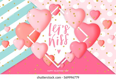 Happy Valentine's day card template with cute and fancy pink heart balloons with lettering. Background, poster, advertising, sale, postcard, e-card, wallpaper, flyers, invitation, brochure, banners.