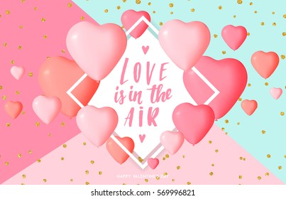 Happy Valentine's day card template with cute and fancy pink heart balloons with lettering. Background, poster, advertising, sale, postcard, e-card, wallpaper, flyers, invitation, brochure, banners.