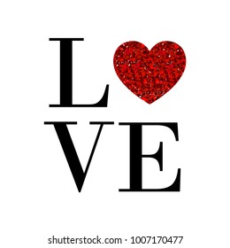 Happy Valentines day card with text LOVE and red heart. Font Type. Text LOVE in black and red colors. Valentine's Day postcard with letters LOVE and a lot of heart, containing little hearts.