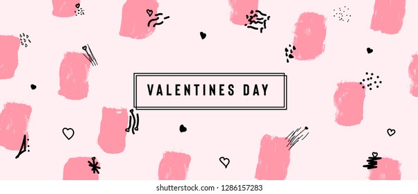 Happy Valentine's Day card with text and red baloon hearts. Trendy background with hand drawn brush paints. Vector illustration