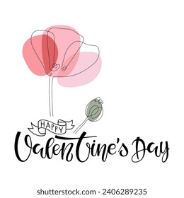 Happy Valentines Day card. Text with poppy flower decor. Valentines Day template Vector phrase illustration to Valentines day design, banner, card