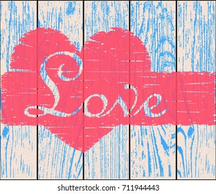 Happy Valentine's Day card. Textured red heart on wooden background. Vector illustration