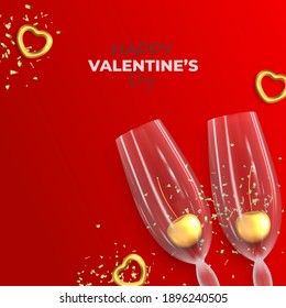 Happy Valentine's Day card. Top view on realistic champagne glasses, gold cherries, hearts and confetti on red background. Vector illustration with decorative objects for Valentine's Day.