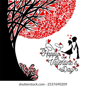 Happy Valentine's Day Card. Tree with Hearts. hand drawn. Not AI, Vector illustration