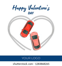 Happy Valentine's Day Card with Two Cars Drawing Heart Shape on Snow Vector Illustration