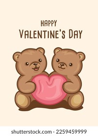 Happy Valentine's Day Card with two bears holding a heart cushion vector illustration