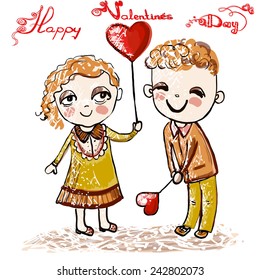 Happy Valentine's Day card. Two cheerful children on Valentine's Day on 14 February Square vector
