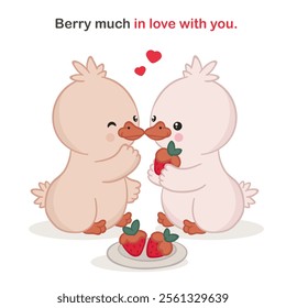 Happy Valentine's Day card with two adorable cartoon ducks share chocolate-covered strawberries, surrounded by hearts. Romantic square poster with hand-drawn doodle kawaii mascots (geese or ducklings)