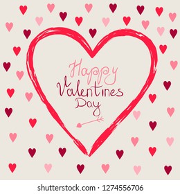 Happy Valentines Day card, typography, background with hearts 