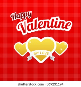 Happy valentines day card with typography happy valentine, heart symbol gold color with the words my love, ribbons and red background