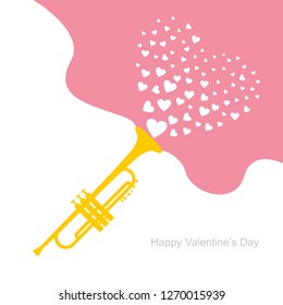 Happy Valentine's Day card. Vector trumpet making sounds from hearts. Illustration of trumpet. Illustration of heart. Music. Music festival. 