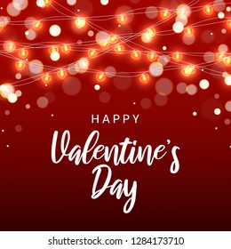 Happy Valentine's Day card. Vector illustration with realistic glowing garlands with light bulbs in the form of heart. Holiday greeting card.