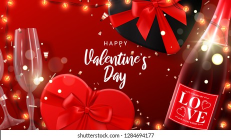 Happy Valentine's Day card. Vector illustration with shining lights garland, realistic glasses and bottle of champagne, gift boxes and sparkling golden confetti. Holiday background, festive banner.