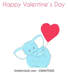 Happy Valentine`s Day card. Vector funny baby elephant with balloon heart.