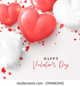 Happy Valentine's Day card. Vector illustration with realistic pink and white air balloons and confetti on white background. Holiday gift card.