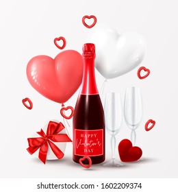 Happy Valentine's Day card. Vector illustration with champagne bottle, glasses, gift box, ring box, candles, air balloons and red hearts on white background. Holiday gift card.