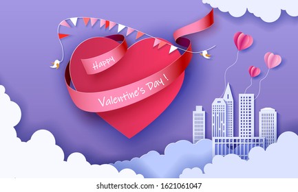 Happy Valentines Day card. Vector paper art illustration. Paper cut and craft style.
