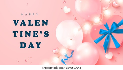 Happy Valentine's Day card. Vector illustration with balloons, gift box, hearts, garlands and streamers. Holiday background for postcard, banner, poster and other design
