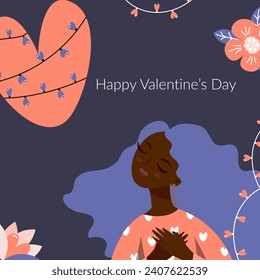 Happy Valentine's Day card. Vector illustration. Postcard with a girl and a heart in posse style.