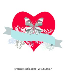 Happy Valentine`s Day Card. Vector illustration with flowers, butterflies and ribbon.