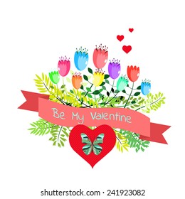 Happy Valentine`s Day Card. Vector illustration with flowers, butterfly and ribbon.