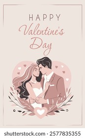 Happy Valentine's Day card. Vector illustration in soft pastel colors, vintage style. Man and woman in each other's arms, symbolizing romance and tenderness. For love sites, dating apps, posters