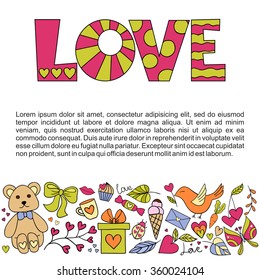 Happy Valentines Day card. Vector illustration with love lettering and holiday design elements.