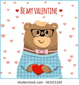 Happy valentines day card. Vector illustration with cute bear. Be my Valentine. Love.
