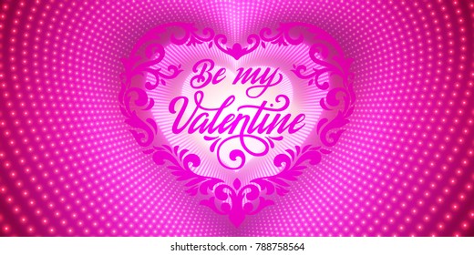 Happy Valentine's Day card. Vector infinite heart-shaped tunnel of shining flares on violet background. Glowing heart tunnel. Valentine's day gift or invitation card. Tender design for you love.