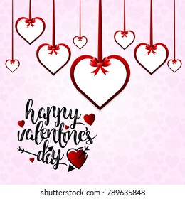 Happy Valentine's day card vector with hearts hanging with ribbo