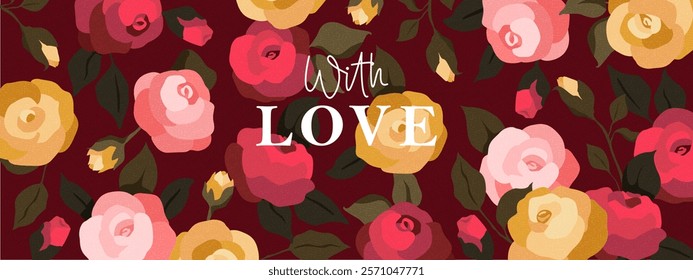 Happy Valentine's day card. Vintage  art chic design with roses, leaves, lettering. Bright colorful romantic design. Holiday romantic card, invitation, cover, post, message template.