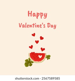 Happy Valentine's Day card with a watermelon in the shape of hearts