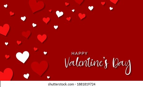 Happy Valentine's Day Card. White Text Handwritten Calligraphy Lettering with Red and White Hearts Shapes Decorative Ornaments isolated on Red Lips Background. Usable for Greeting Cards.