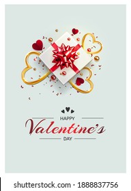Happy valentine's day card. White gift box with a red shiny bow lying on a blue background of red and gold hearts. Festive background, template for postcards on February 14. 