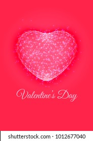 Happy Valentine's day card. Wireframe of heart with particles vector background
