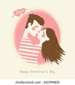 Happy Valentines day card with young couple kissing 