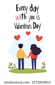 Happy Valentine's Day Card with young couple in love. Hand Drawn Lettering. Relationship and Love concept. Vector illustration for poster, postcard and banner.