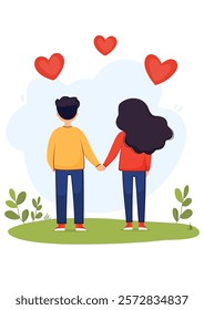 Happy Valentine's Day Card with young couple in love. Relationship and Love concept. Vector illustration for poster, postcard and banner.