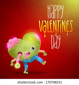 Happy Valentine's Day card with zombie heart. Love vector illustration