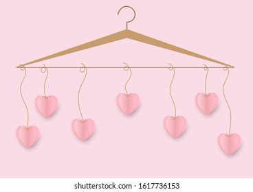 Happy Valentines day card.illustration postcard pink paper hearts.Vector hanger with paper heart rope.